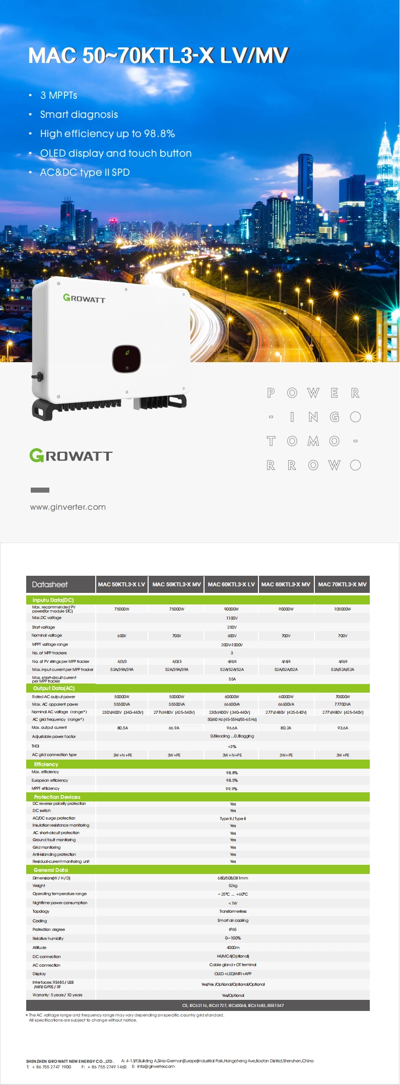 EU/US 50/60/70kW Three Phase On Grid Inverter